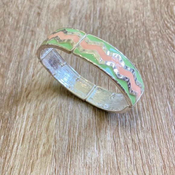 Mint green & peach stretchy silver bracelet - Picture 2 of 5